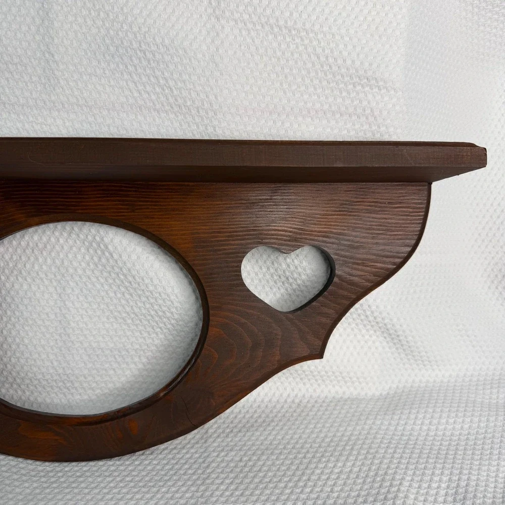 Vintage Wood Wall Shelf Heart Cutouts Country Rustic Dark Brown Display Ledge
